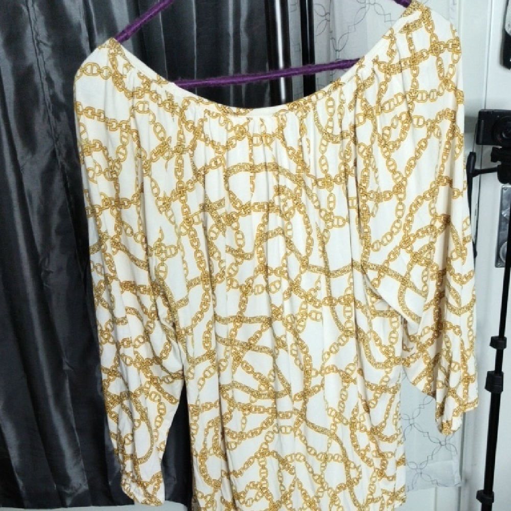 Michael Kors Gold Chain Print Blouse Size 1X Off-White Chic Top